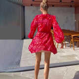 runhufu V-Neck Print Lantern Sleeve Chiffon High-Waisted Dress In Autumn 2024