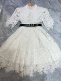 runhufu Fluffy Miniskirt 2024 Early Spring Collar Short Sleeve With Belt Water-Soluble Lace Dress Skirt