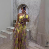 runhufu New Women's Sexy Slant Shoulder Shoulder Long Sleeve Broken Flower Dress Dress High-End Big Swing Flowers
