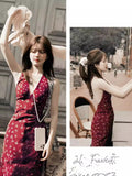 runhufu Luth's Same Red V-Neck Broken Flower Hanging Neck Sling Dress In The Middle And Long Summer Holiday Style Dress