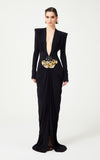 runhufu Black Long-Sleeved Hollow V-Neck Cross Dress Metal Fishtail Elegant Dress