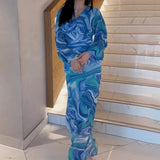 runhufu Women's Autumn V-Neck Lantern Sleeve Long-Sleeved High-Rise Fashion-Print Long Dress