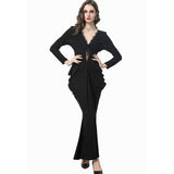 runhufu Deep V-Neck Care Machine Lace Splicing Purple Dress Tight Long Dress Dress Women Autumn New 2025