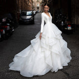 Hot Wedding Dress Long Sleeves Dragging High Waist Thin Wedding Dress French Yarn Main Yarn Depth V Sexy