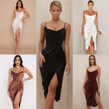 runhufu Sales 2025 Spring And Summer New Slings Solid Color V-Neck Irregularly Folded High-Waisted Dress Dress