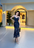 French holiday floral sling dress blue mesh mermaid dress HZ1108