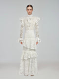 runhufu Summer New Collar Horn Long Sleeve With Waist Hollow Lace Dress Suit Woman