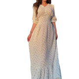 runhufu Women's Summer V-Neck Lantern Half-Sleeved High-Waisted Temperament Splicing Dress
