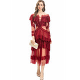 runhufu Round Collar Lotus Side Spliced Long Sleeve Elegant Lace Wine Red Dress Women's Autumn New 2025
