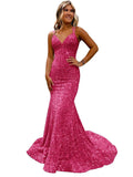 runhufu Ball Dress Body-Bagged Fishtail Small Tail Evening Dress Fine Shoulder-Band V-Neck Party Dress