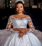 New Flesh-Colored Lace-Net Wedding Dress African Bride Long-Sleeved Diamond Decorated With Large Tailed White Wedding Dress Summer