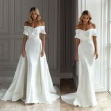 The New Light Wedding Dress Stite Long Tail Temperament Simple Hepburn Style Presided Over The Word Shoulder Wedding Dress Summer