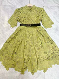 runhufu Fluffy Miniskirt 2024 Early Spring Collar Short Sleeve With Belt Water-Soluble Lace Dress Skirt
