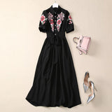 runhufu Industry Embroidered Flower Lily Collar Short Sleeve Tie Tight Waist High Dress Station Spring And Summer Woman 2025