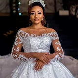 New Flesh-Colored Lace-Net Wedding Dress African Bride Long-Sleeved Diamond Decorated With Large Tailed White Wedding Dress Summer