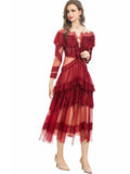 runhufu Round Collar Lotus Side Spliced Long Sleeve Elegant Lace Wine Red Dress Women's Autumn New 2025