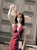 runhufu Luth's Same Red V-Neck Broken Flower Hanging Neck Sling Dress In The Middle And Long Summer Holiday Style Dress