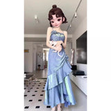 runhufu Dress New French Masquein Blue Hanging Dress Female Summer At-Aug Princess Birthday Dress