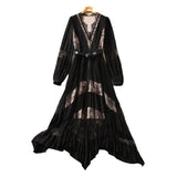 runhufu V-Neck Long-Sleeved Lace Splicing Black Irregular Swing Dress Spring And Summer Women's New 2024
