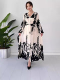 runhufu Summer Summer V-Neck Button Black And White Printed Dress