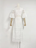 runhufu Australian Round Neck Lantern Sleeve Short Sleeve Water-Soluble Lace Splicing Holiday Style Temperament White Dress Dress