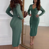 runhufu Women's Autumn V-Neck Long Sleeve Knitted High Waisted Tice With A Tinged Dress
