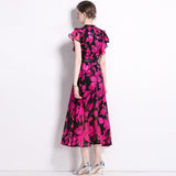 runhufu Knee Dress Women's Summer 2024 Temperament Lotus Leaf Sleeve Fashion Waist Thin Print V-Neck Dress