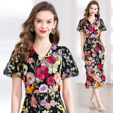 runhufu Banquet Famous Wind V-Neck Bubble Sleeves Body-Brace Hip Three-Dimensional Flower Lace Dress