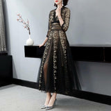 runhufu V-Neck Heavy Industry Embroidery Mesh Perspective Big Swing Dress Black Dress Women Spring And Summer 2024