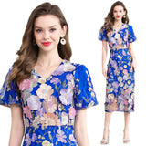 runhufu Banquet Famous Wind V-Neck Bubble Sleeves Body-Brace Hip Three-Dimensional Flower Lace Dress