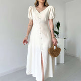 runhufu Women's Summer French V-Neck Bubble Bubble Sleeve High Waist Open Temperament With Long Dress