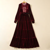 runhufu Hollow Embroidered Long-Sleeved Wine Red Velvet Princess Dress Dress Autumn And Winter Women's Dress New 2025