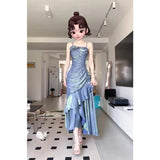 runhufu Dress New French Masquein Blue Hanging Dress Female Summer At-Aug Princess Birthday Dress