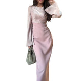 runhufu Women's Autumn Round-Neck Long Sleeve Splicing Long Skirts To Repair Height Waist Skirt Women