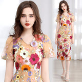 runhufu Banquet Famous Wind V-Neck Bubble Sleeves Body-Brace Hip Three-Dimensional Flower Lace Dress