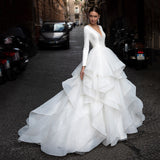 Hot Wedding Dress Long Sleeves Dragging High Waist Thin Wedding Dress French Yarn Main Yarn Depth V Sexy