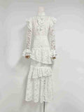 runhufu Summer New Collar Horn Long Sleeve With Waist Hollow Lace Dress Suit Woman