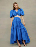 runhufu Bubble Bubble Sleeve Short Sleeve Back Single Buckle Kinesion Wrapped Blouse + High Waist Half-Dress Skirt Suit