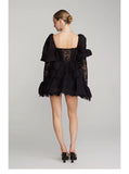 runhufu Summer New French Design Hollow Short Romantic Lace Splicing Princess Dress