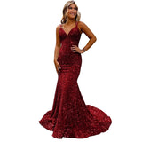 runhufu Ball Dress Body-Bagged Fishtail Small Tail Evening Dress Fine Shoulder-Band V-Neck Party Dress