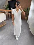 runhufu Fashion V-Neck Solid Color Comfortable Short Sleeve Dress For Fall 2024