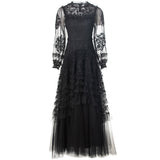 runhufu Industry Water-Soluble Flowers Hollow Long-Sleeved Lotus Side Princess Wind Black Dress New Women's Spring And Summer 2025