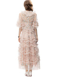 runhufu Industry Embroidered Short Sleeve Splicing Round Collar Lotus Leaf Side Long Dress Dress Autumn And Winter Women's Dress New