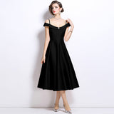 runhufu Temperament Gold And White Shoulder Sling Dress Female Senior Feeling Princess Waist Dress