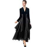 runhufu Stitching Tulle Sexy V Collar Long Sleeve Lotus Side Black Cake Dress Women's Spring 2025