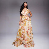 runhufu Women's New Stylish Elegant Fine Shoulder With Lotus Leaf Side V-Neck Print Dress