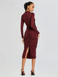 runhufu New Women's Dress Sexy Bag Hip Hot Diamond Fork Long Sleeve Dress