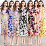 runhufu Banquet Famous Wind V-Neck Bubble Sleeves Body-Brace Hip Three-Dimensional Flower Lace Dress