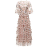 runhufu Industry Embroidered Short Sleeve Splicing Round Collar Lotus Leaf Side Long Dress Dress Autumn And Winter Women's Dress New
