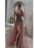 runhufu New Women's Sexy Slant Shoulder Shoulder Long Sleeve Broken Flower Dress Dress High-End Big Swing Flowers